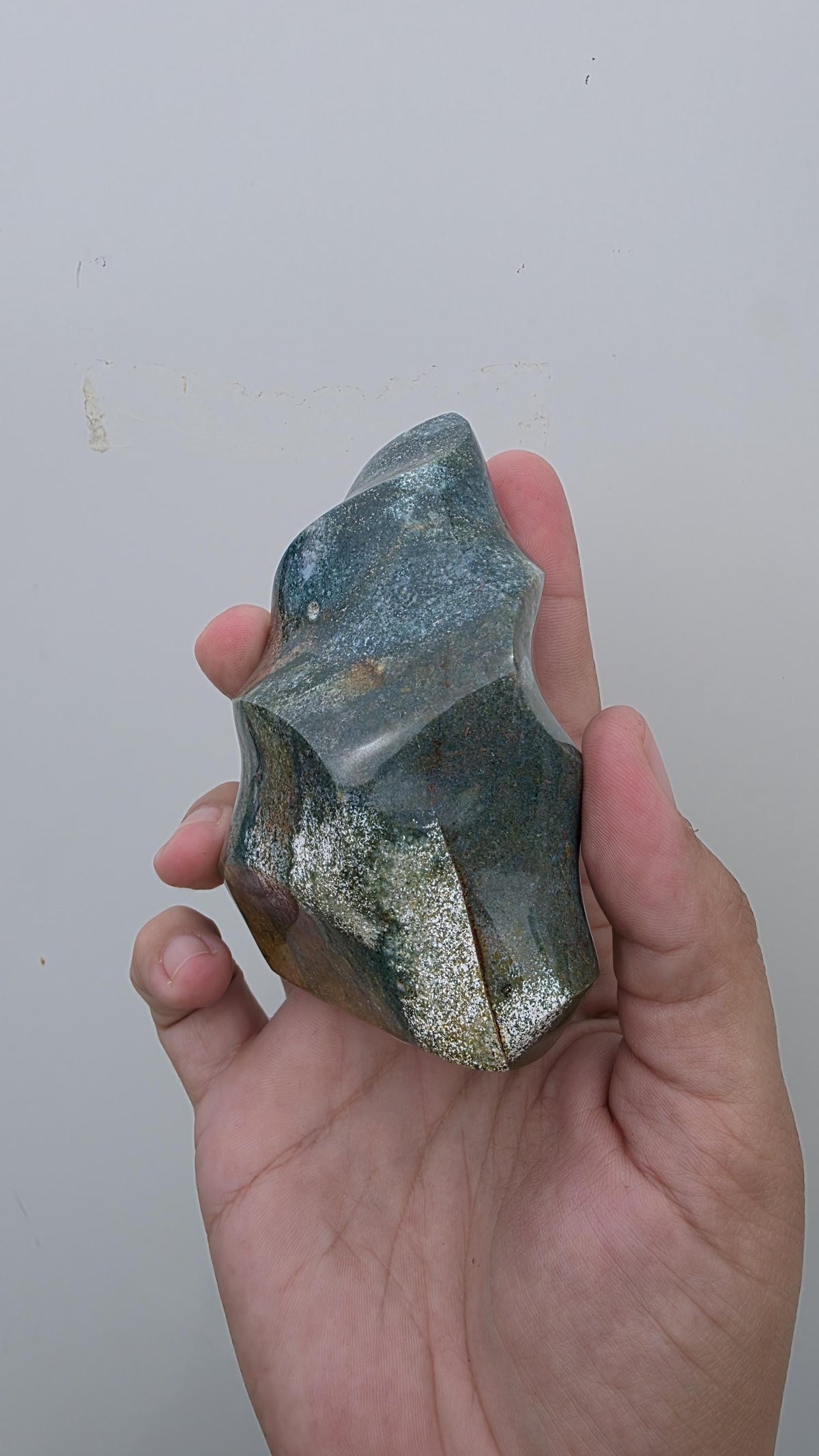 Polished Ocean Jasper Flame Crystal Carving – 428g (10cm)