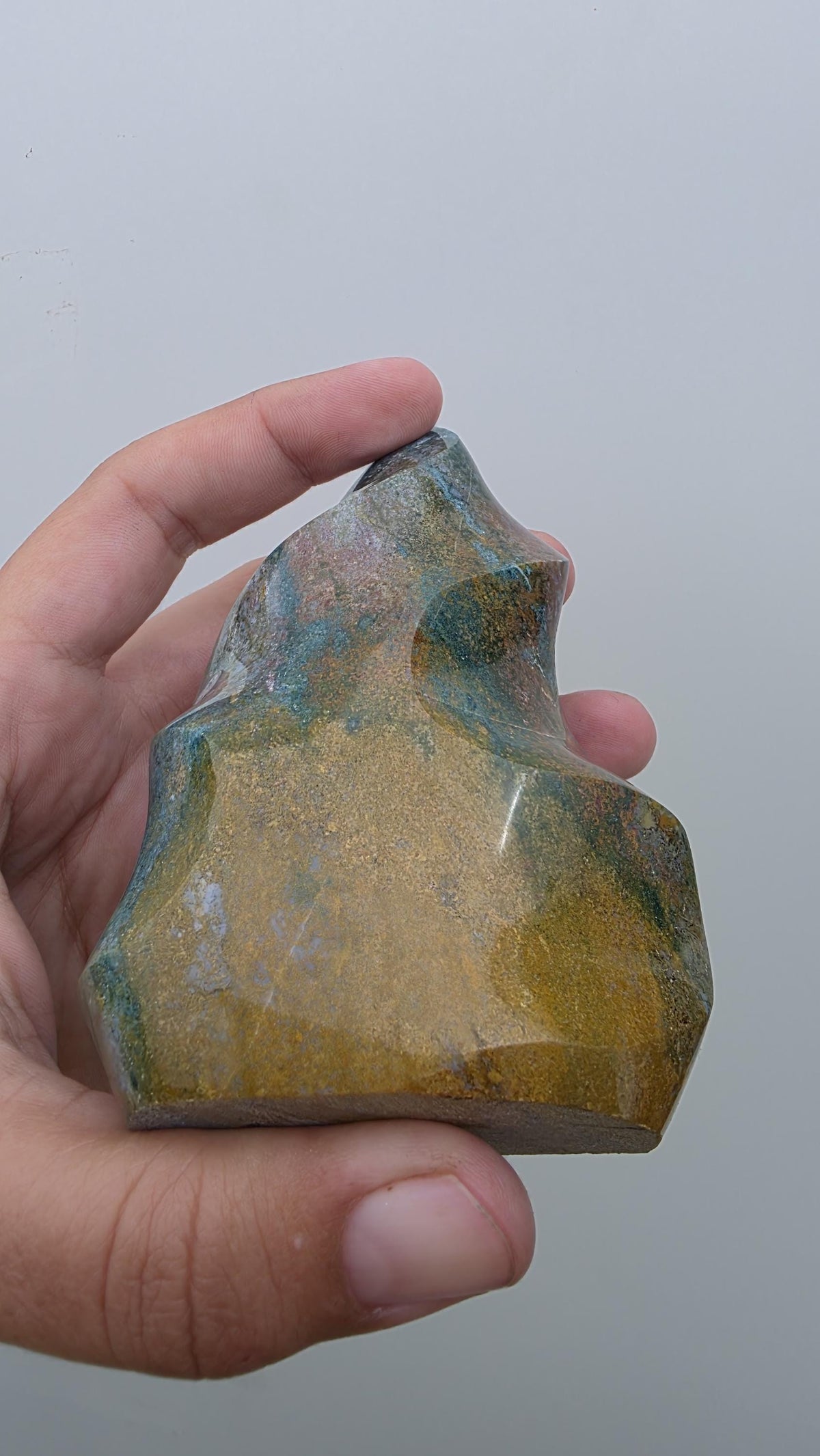 Polished Ocean Jasper Flame Crystal Carving – 428g (10cm)