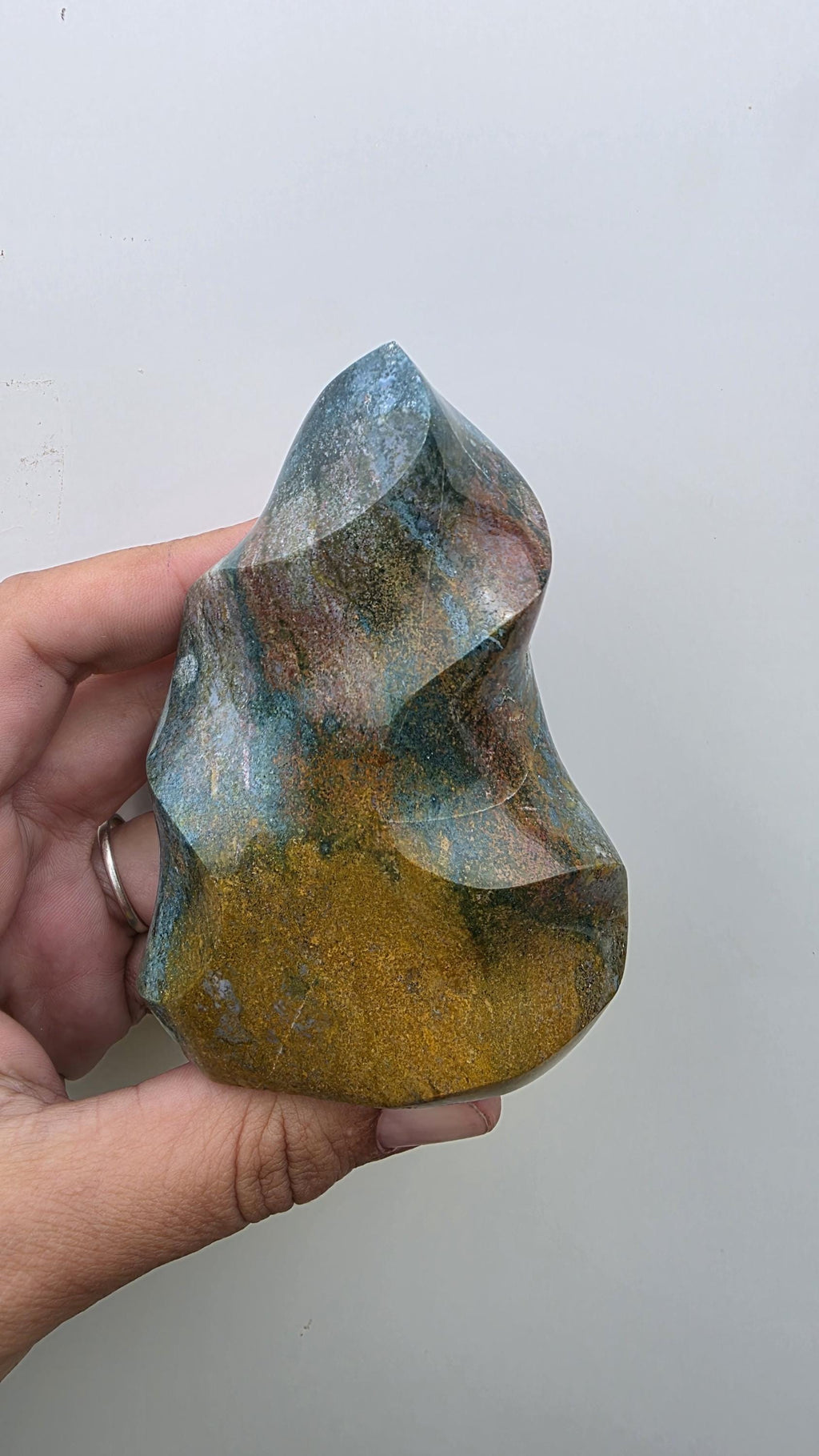 Polished Ocean Jasper Flame Crystal Carving – 428g (10cm)
