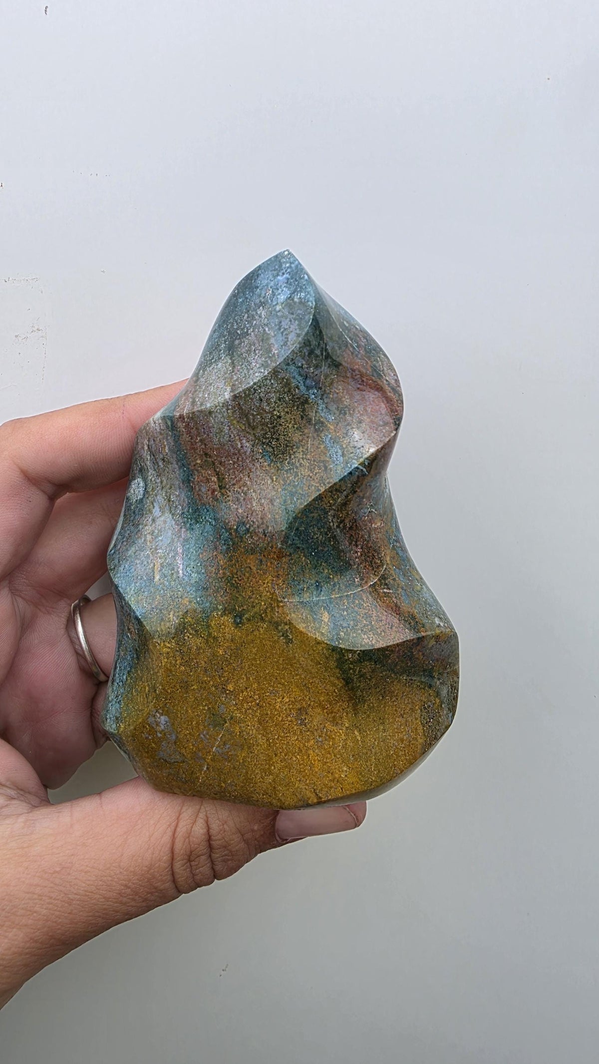 Polished Ocean Jasper Flame Crystal Carving – 428g (10cm)