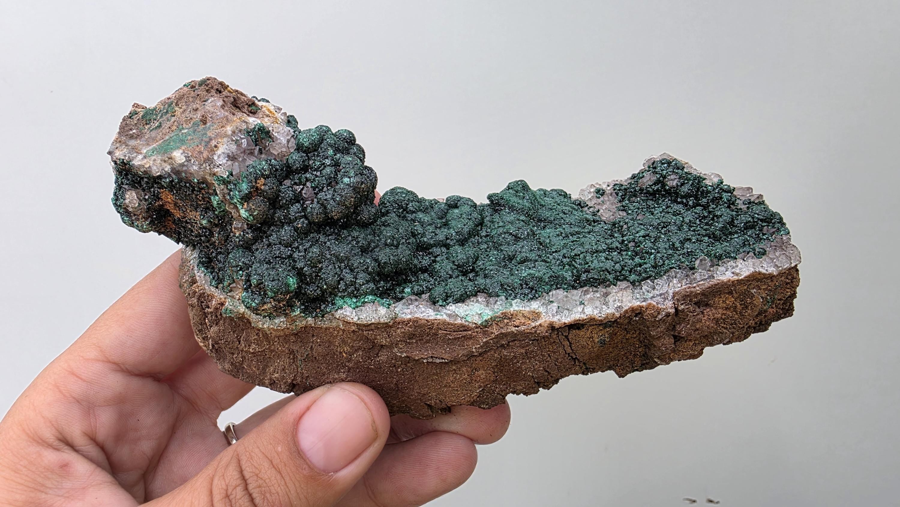 Velvet Botryoidal Malachite on Druzy Quartz Matrix - Kambove, DR Congo (392 grams) - collectors piece