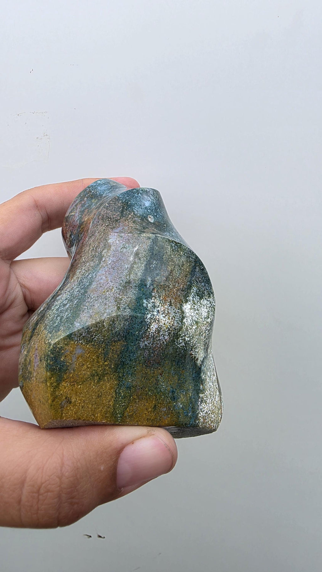 Polished Ocean Jasper Flame Crystal Carving – 428g (10cm)