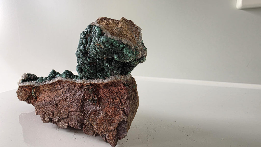 Velvet Botryoidal Malachite on Druzy Quartz Matrix - Kambove, DR Congo (392 grams) - collectors piece