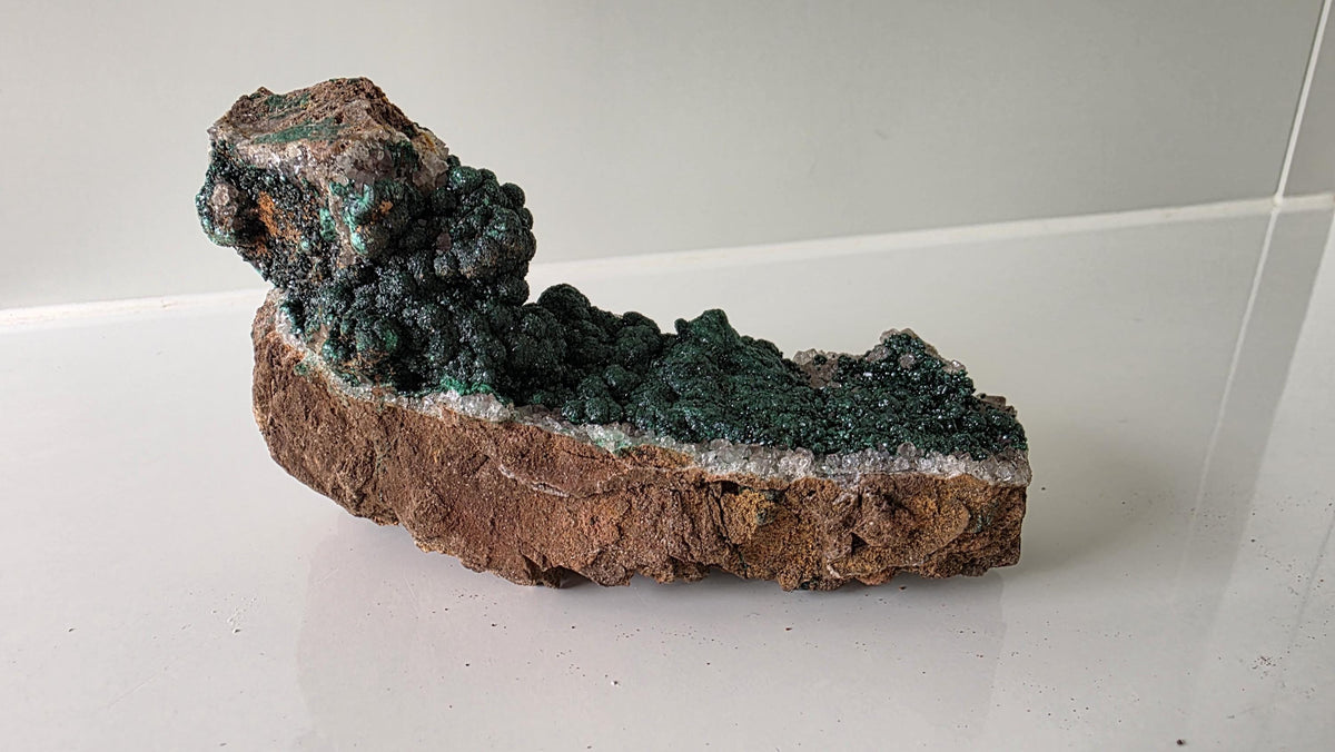 Velvet Botryoidal Malachite on Druzy Quartz Matrix - Kambove, DR Congo (392 grams) - collectors piece