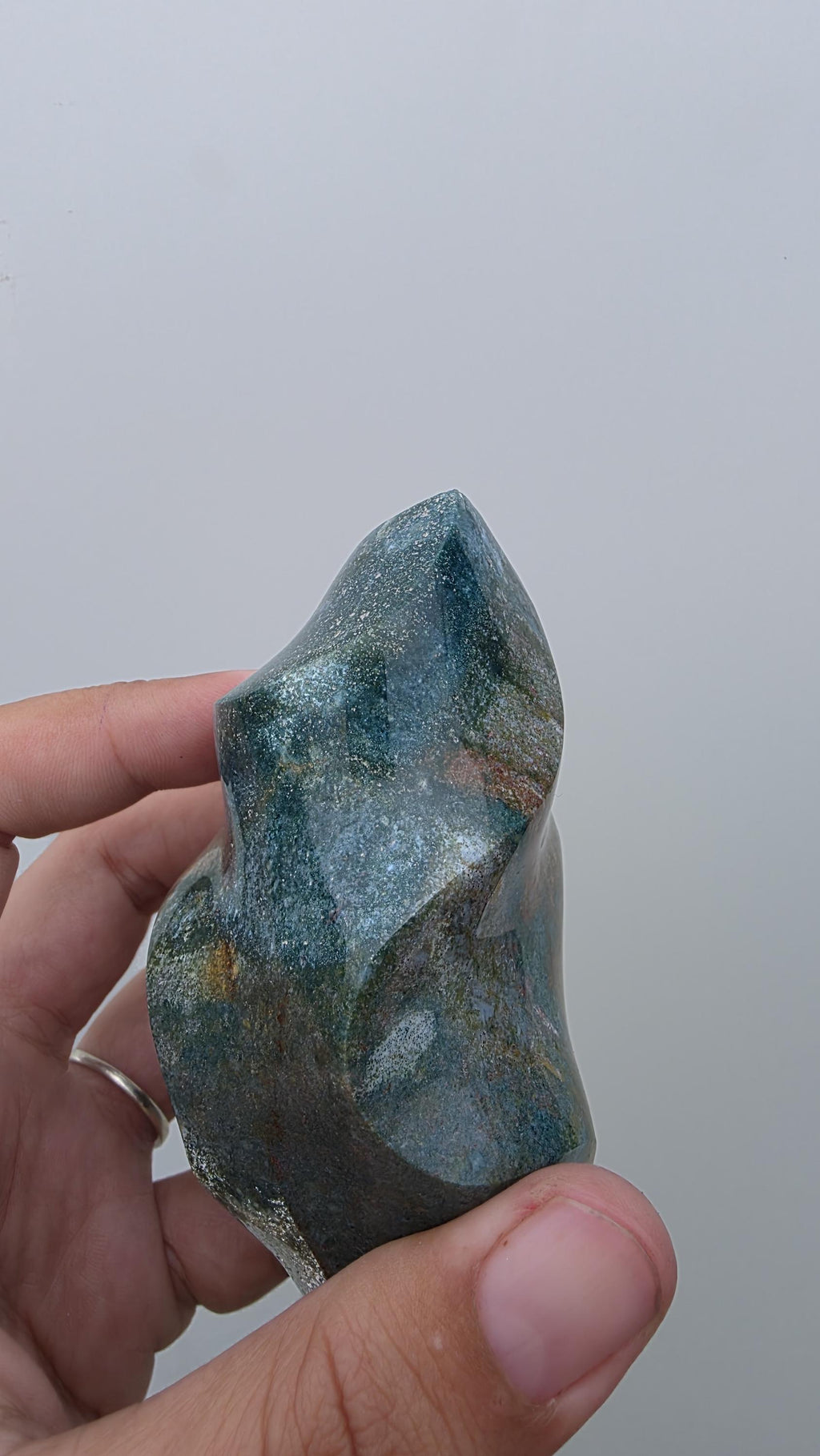 Polished Ocean Jasper Flame Crystal Carving – 428g (10cm)
