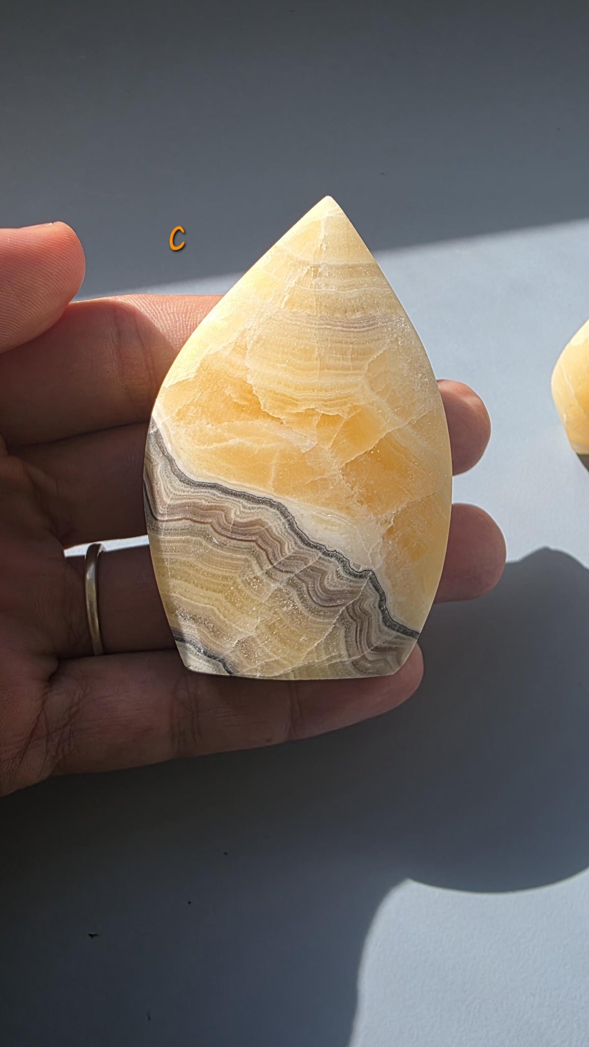 Banded Orange Calcite Tear-Drop Ornament, Matte Finish Mango Calcite Stone