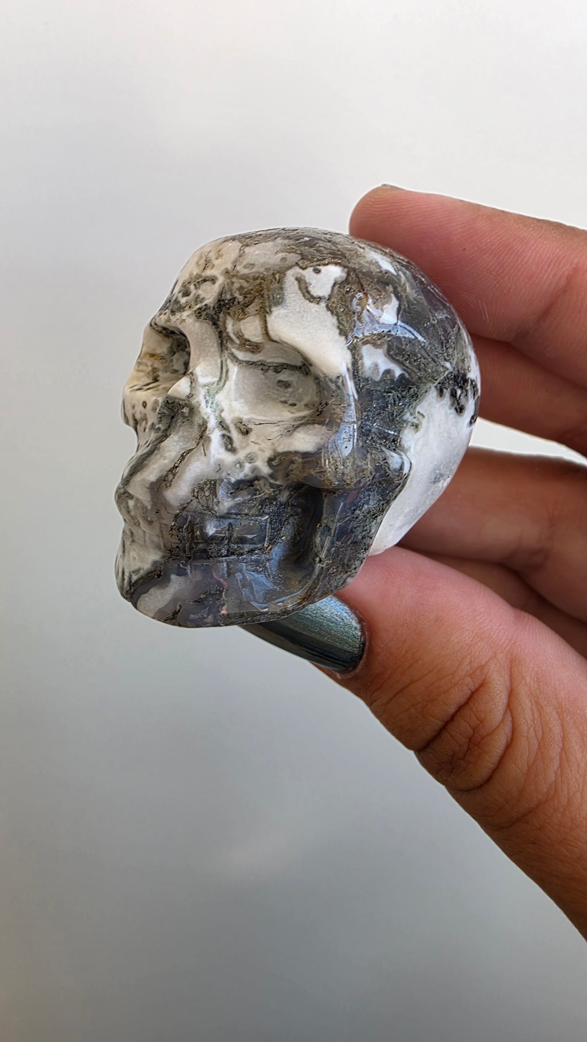 Hand-Carved Moss Agate Crystals Skulls