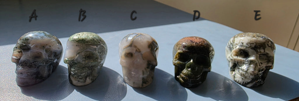 Hand-Carved Moss Agate Crystals Skulls