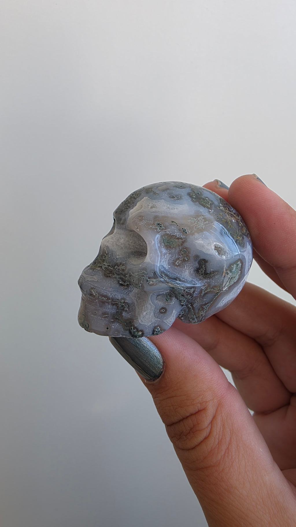 Hand-Carved Moss Agate Crystals Skulls