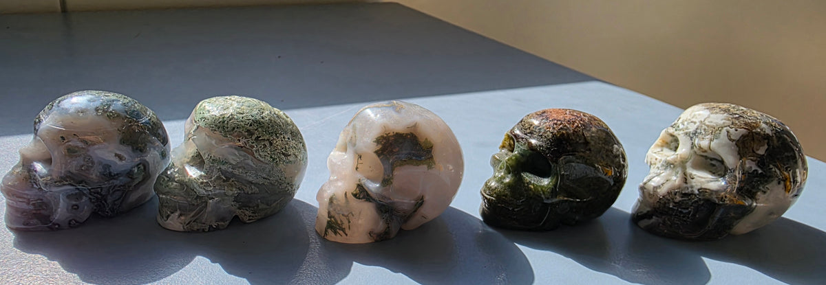 Hand-Carved Moss Agate Crystals Skulls