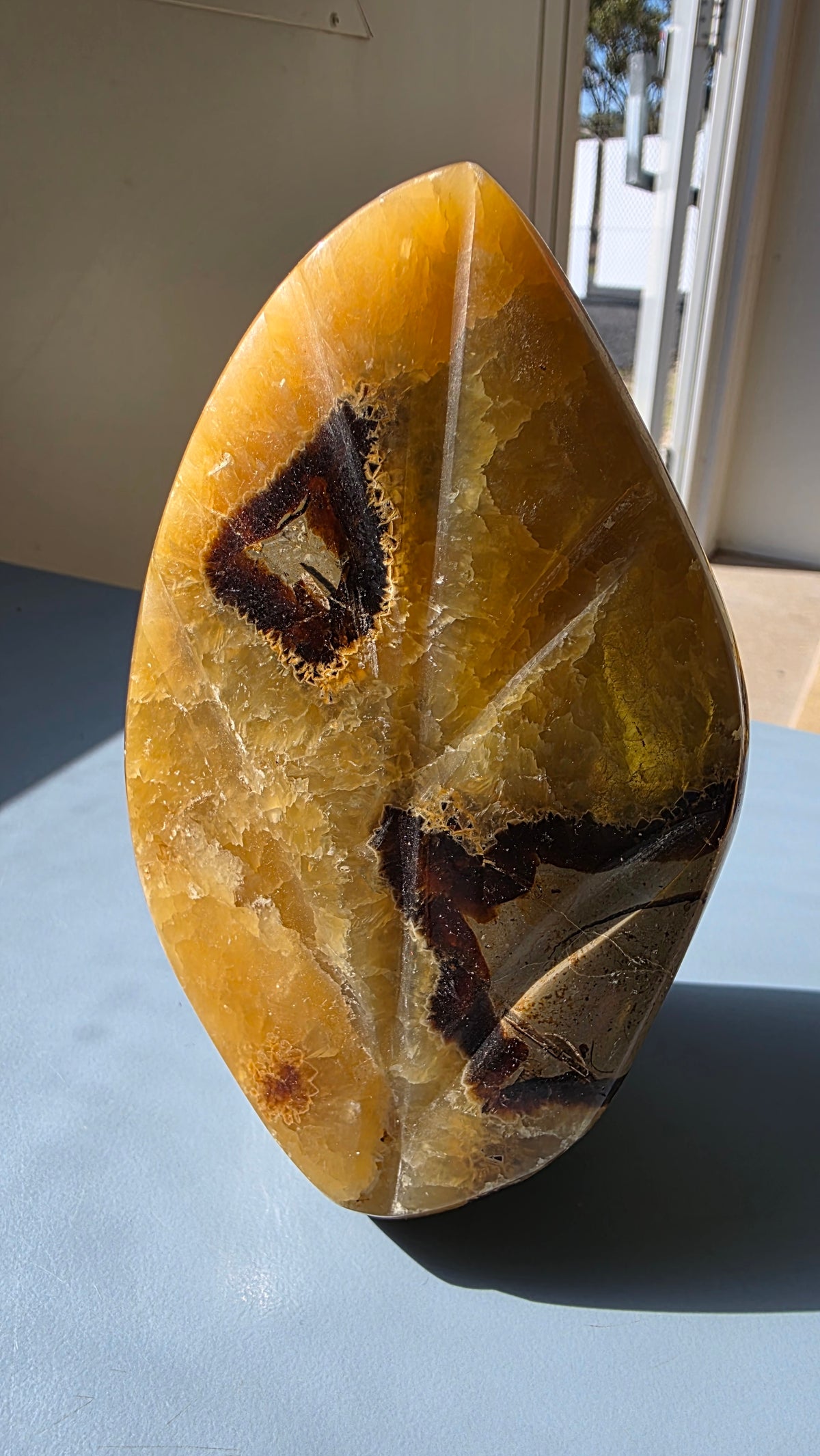 Hand-Carved Septarian Leaf Crystal Sculpture – 825g