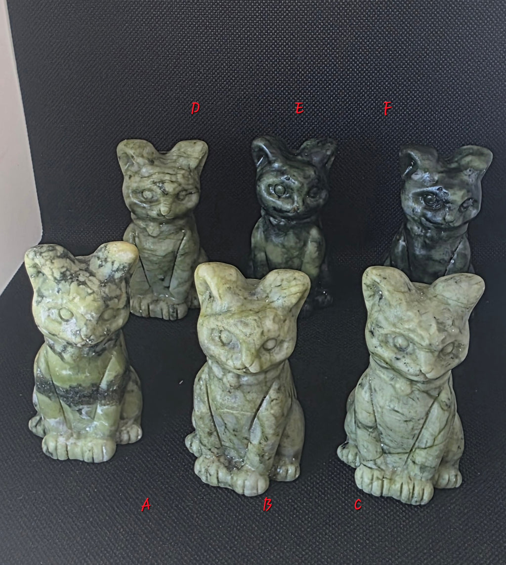 Hand-Carved Serpentine Jade Cat Carvings – Choice of 6 Unique Crystal Carvings