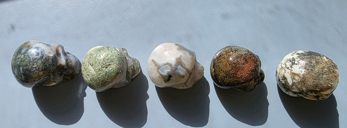 Hand-Carved Moss Agate Crystals Skulls