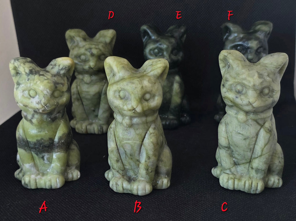 Hand-Carved Serpentine Jade Cat Carvings – Choice of 6 Unique Crystal Carvings