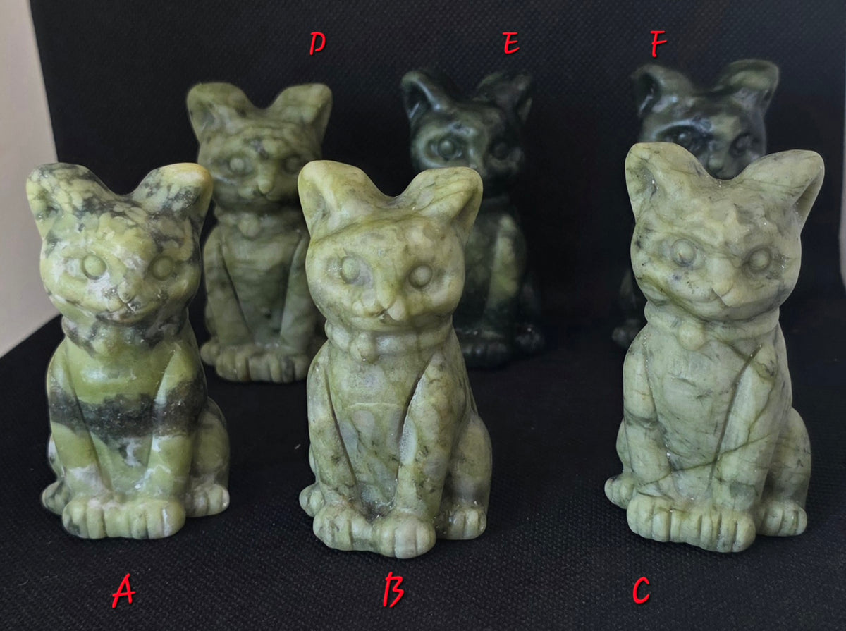 Hand-Carved Serpentine Jade Cat Carvings – Choice of 6 Unique Crystal Carvings