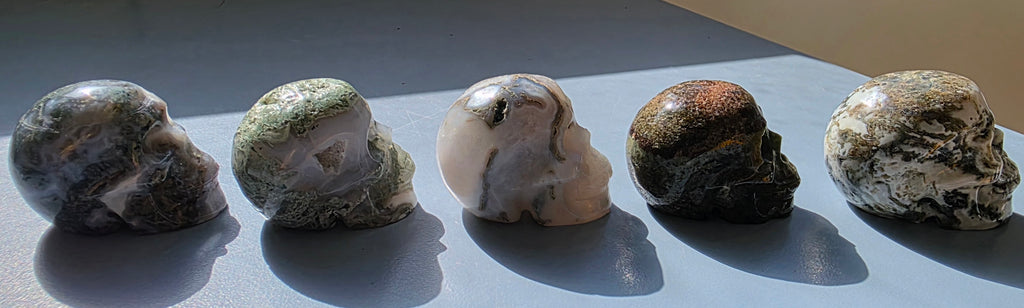 Hand-Carved Moss Agate Crystals Skulls